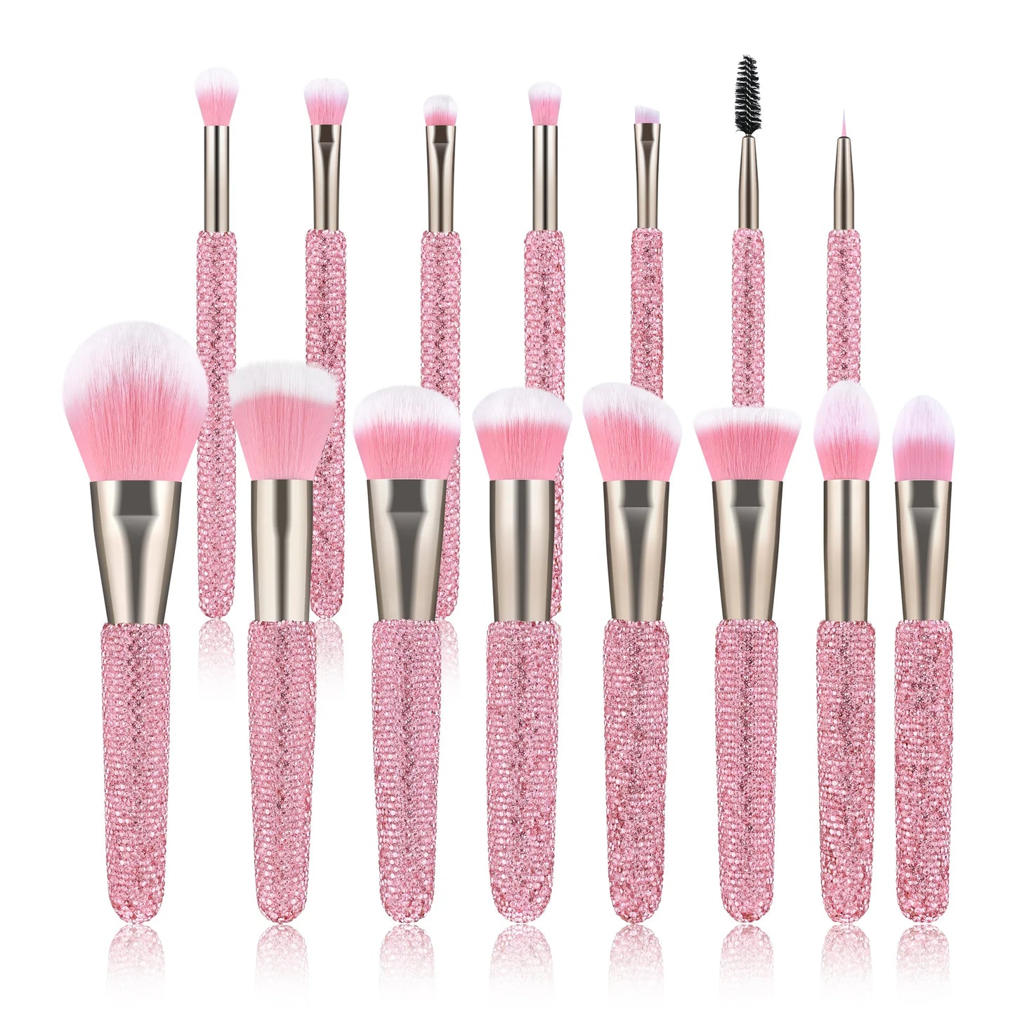 15 Pc Rhinestone Makeup Brush Set Pink Blush Foundation Concealers Eye Shadow & Loose Powder Brushes Cosmetic Organizer Gift Set