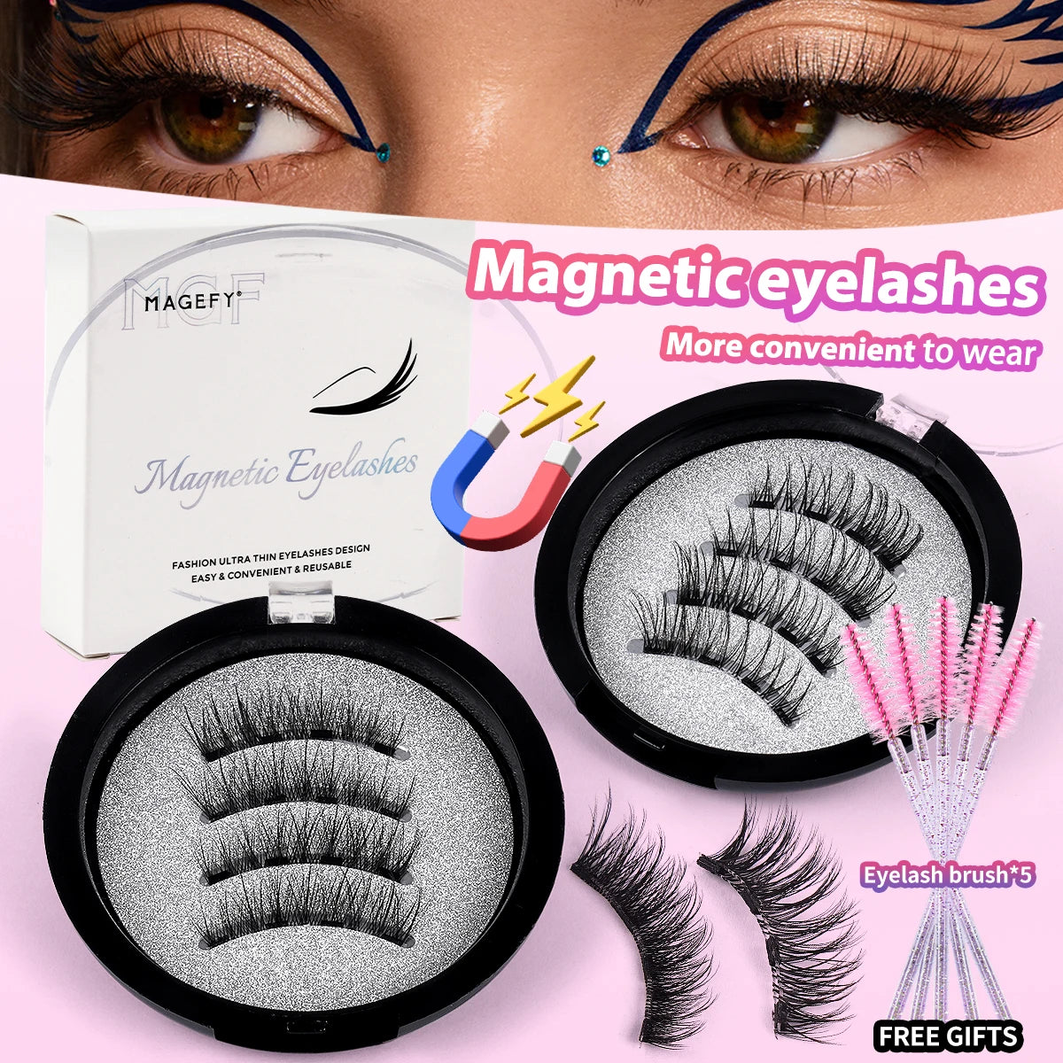 MAGEFY 2 Boxes Magnetic Lashes with Eyebrow Brush Natural Extend Cat Eye Lashes Cross Magnifying Eyes Beauty Makeup Accessory