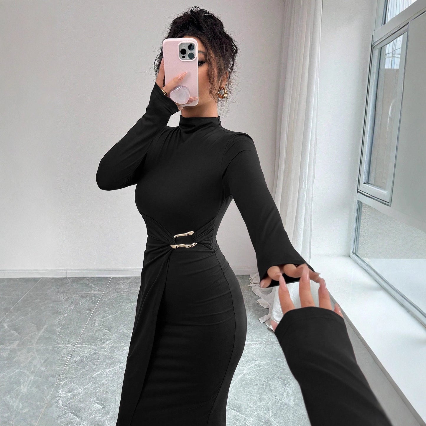 Small Stand-up Collar Knit Dress with Metal Buttons for Effortless Style - Hafsa Luxury