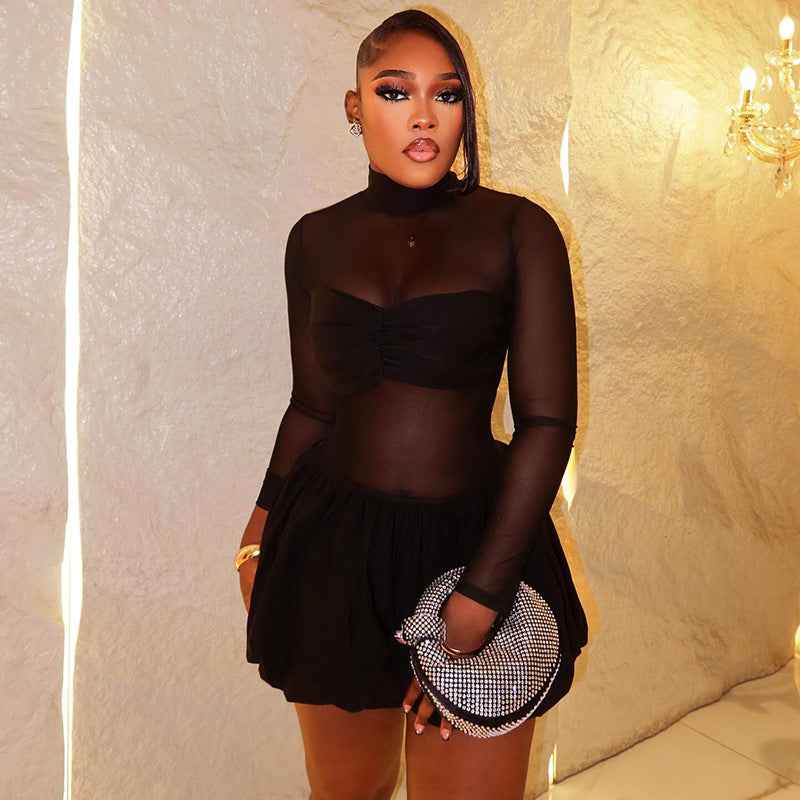 Solid Color Stand Collar Long Sleeve Short Dress - Hafsa Luxury