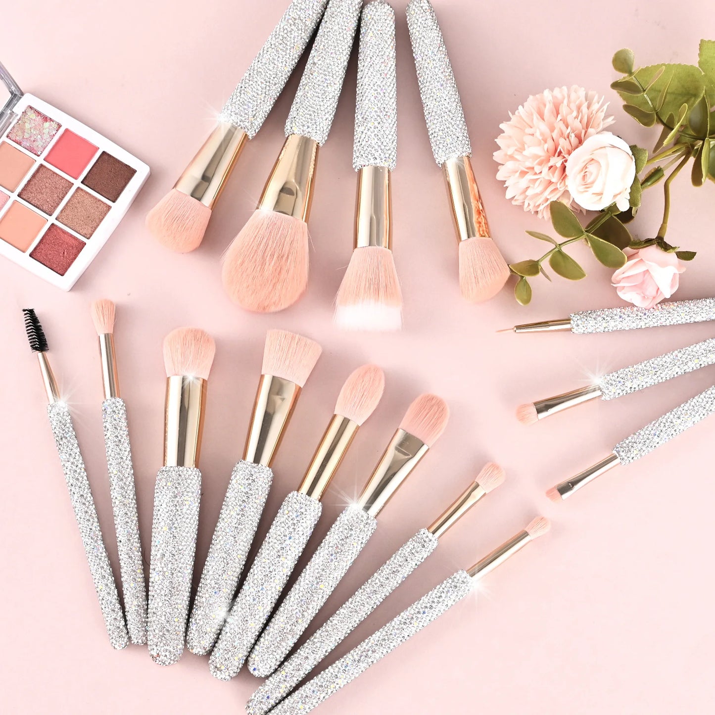 15 Pc Rhinestone Makeup Brush Set Pink Blush Foundation Concealers Eye Shadow & Loose Powder Brushes Cosmetic Organizer Gift Set