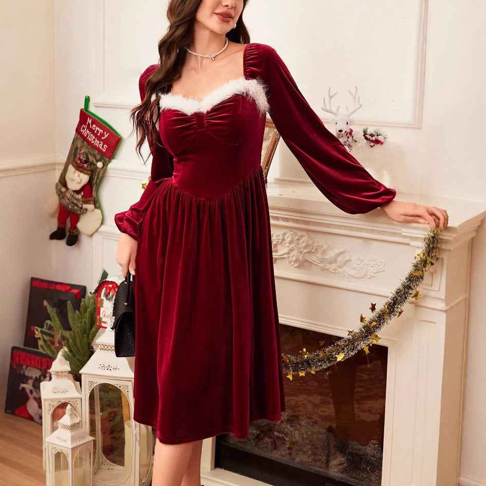 Women's Vintage Red Velvet Dress Long Sleeve Square Collar Elegant Slimming Waist Autumn Party Dress - Hafsa Luxury