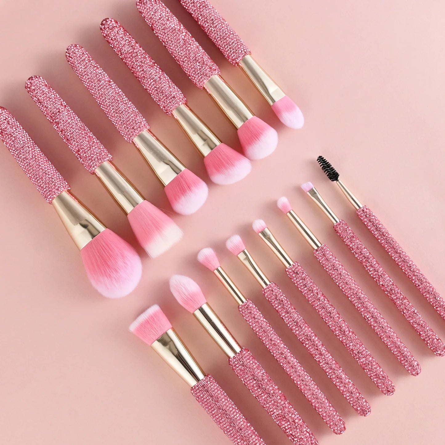 15 Pc Rhinestone Makeup Brush Set Pink Blush Foundation Concealers Eye Shadow & Loose Powder Brushes Cosmetic Organizer Gift Set