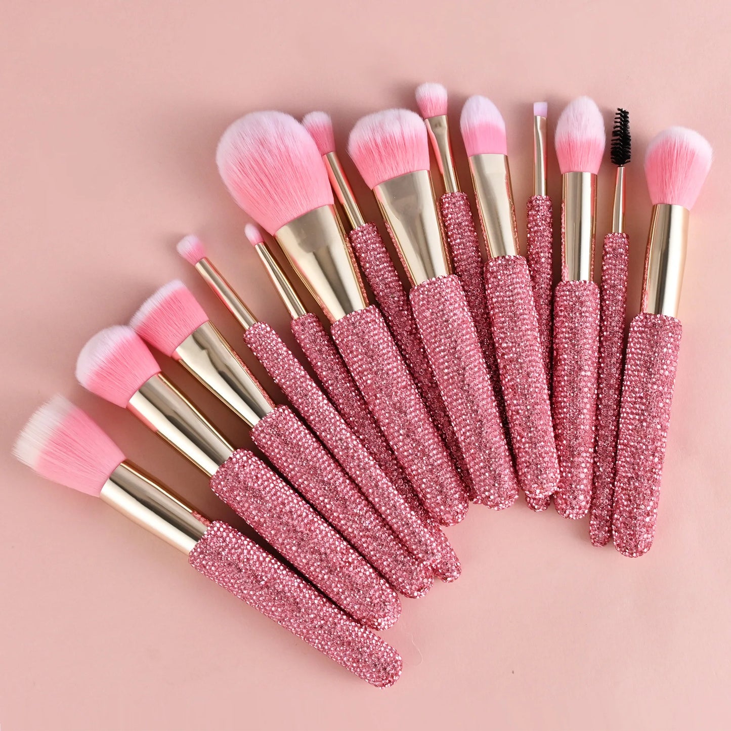 15 Pc Rhinestone Makeup Brush Set Pink Blush Foundation Concealers Eye Shadow & Loose Powder Brushes Cosmetic Organizer Gift Set
