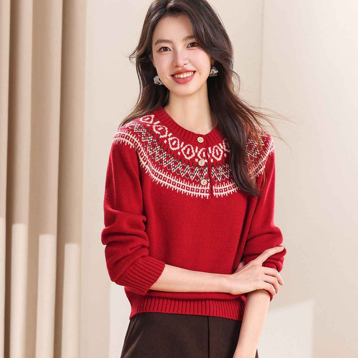 Womens Retro Fair Isle Knit Sweater With Buttons And A Crew Neck - Hafsa Luxury