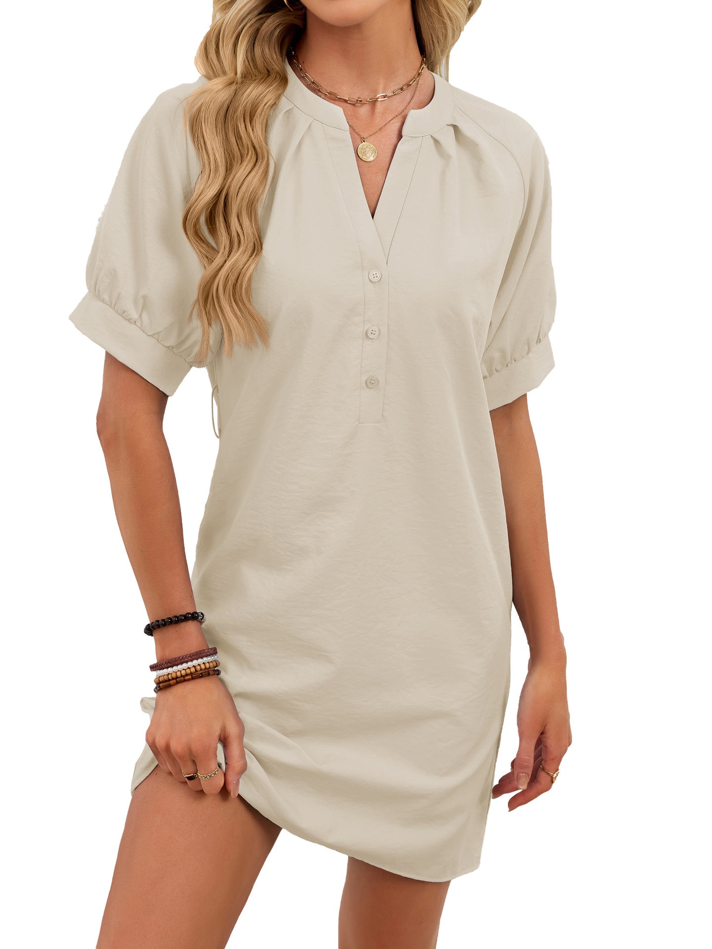 Women's Casual Lace-Up Dress - Solid-Color V-Neck Design - Hafsa Luxury