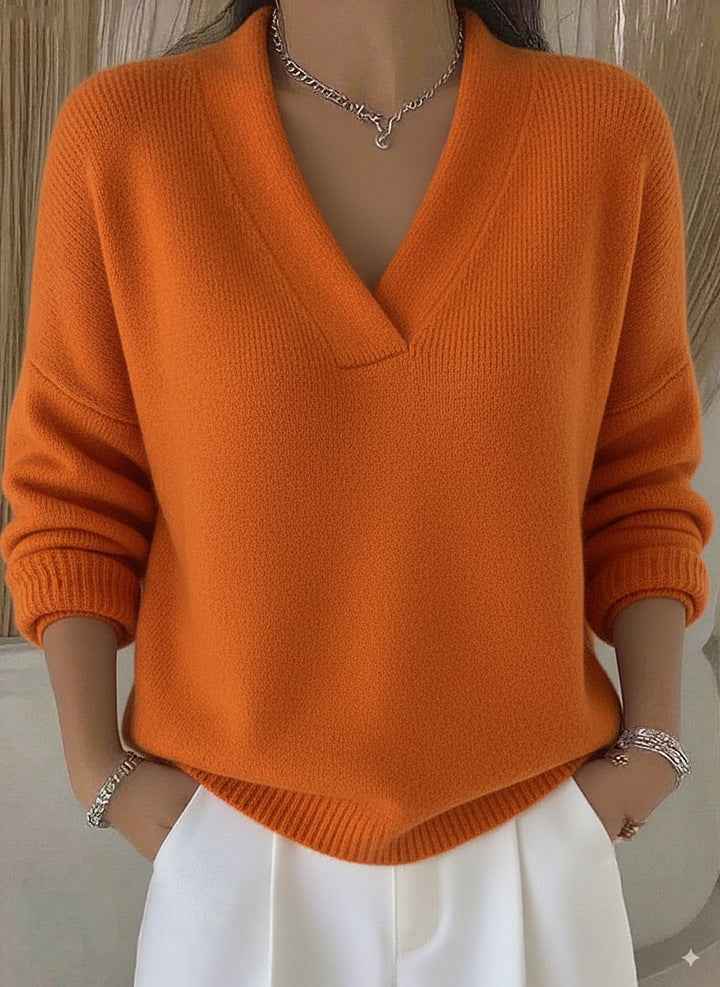 Elegant Women's V-neck Knitted Sweater - Soft Long Sleeve Casual Fashion for Autumn and Winter - Hafsa Luxury