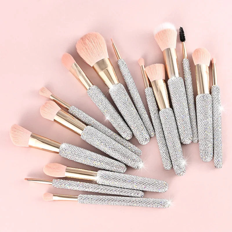15 Pc Rhinestone Makeup Brush Set Pink Blush Foundation Concealers Eye Shadow & Loose Powder Brushes Cosmetic Organizer Gift Set