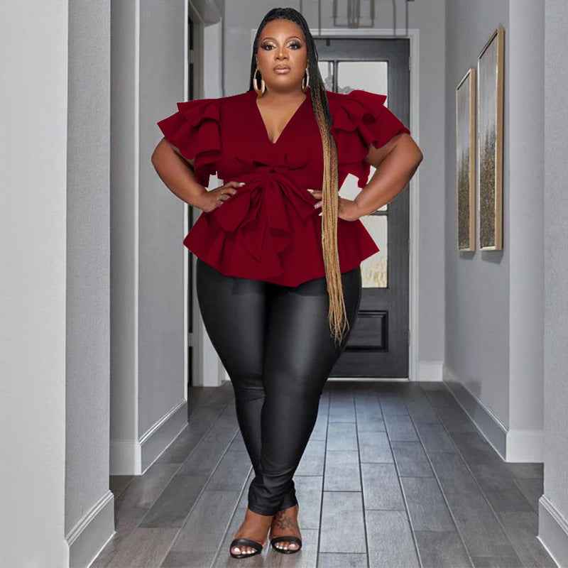 Women's V-Neck Ruffle Blouse - Casual All-Match Pleated Top with Ruffle Sleeves - Hafsa Luxury