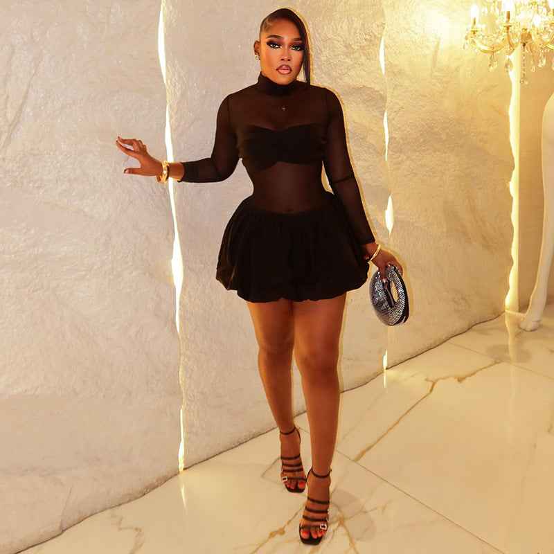 Solid Color Stand Collar Long Sleeve Short Dress - Hafsa Luxury