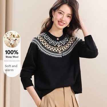 Womens Retro Fair Isle Knit Sweater With Buttons And A Crew Neck - Hafsa Luxury