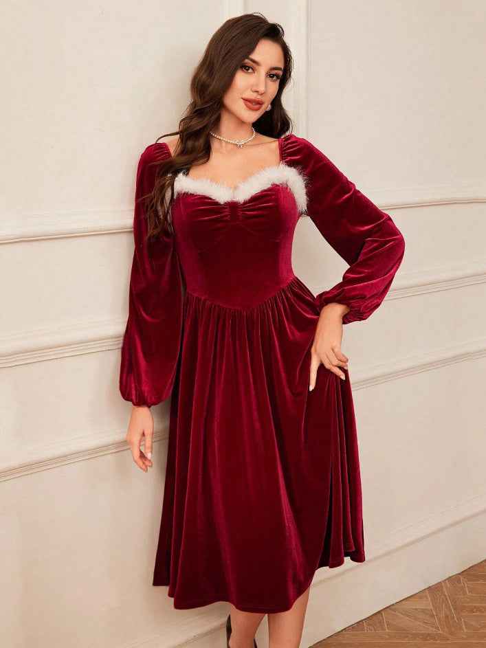 Women's Vintage Red Velvet Dress Long Sleeve Square Collar Elegant Slimming Waist Autumn Party Dress - Hafsa Luxury