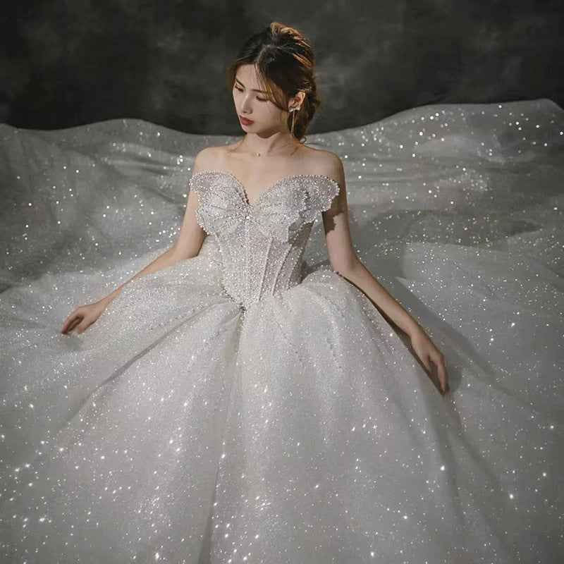 French Tube Top Wedding Dress Mother's Wedding Big Tail Main Wedding Dress - Hafsa Luxury