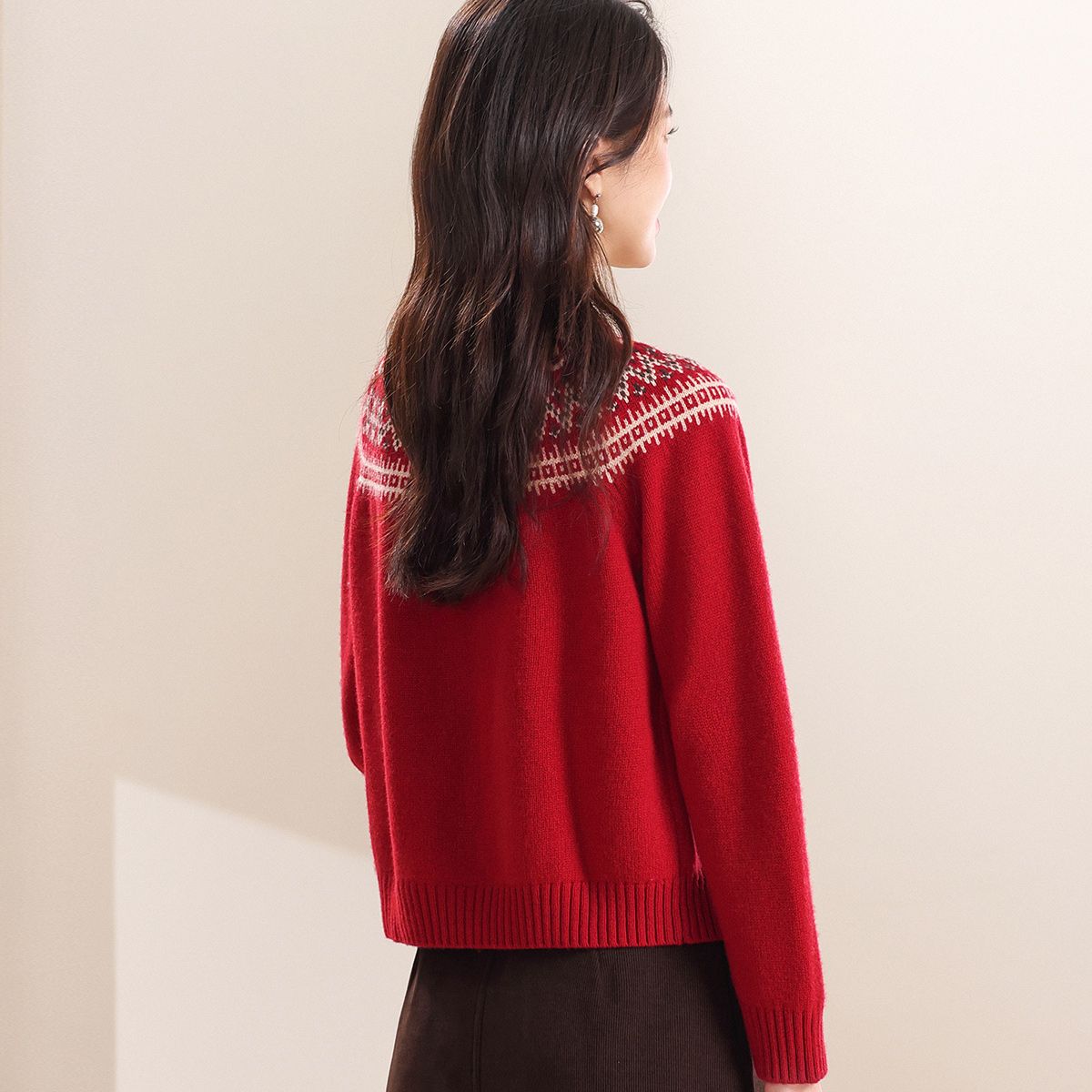 Womens Retro Fair Isle Knit Sweater With Buttons And A Crew Neck - Hafsa Luxury