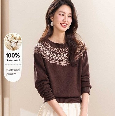 Womens Retro Fair Isle Knit Sweater With Buttons And A Crew Neck - Hafsa Luxury