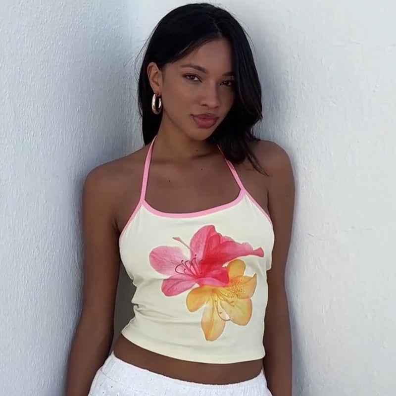 Printed Halterneck Cropped Tank Top with Lace-Up Detail - Hafsa Luxury