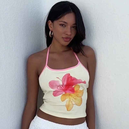 Printed Halterneck Cropped Tank Top with Lace-Up Detail - Hafsa Luxury