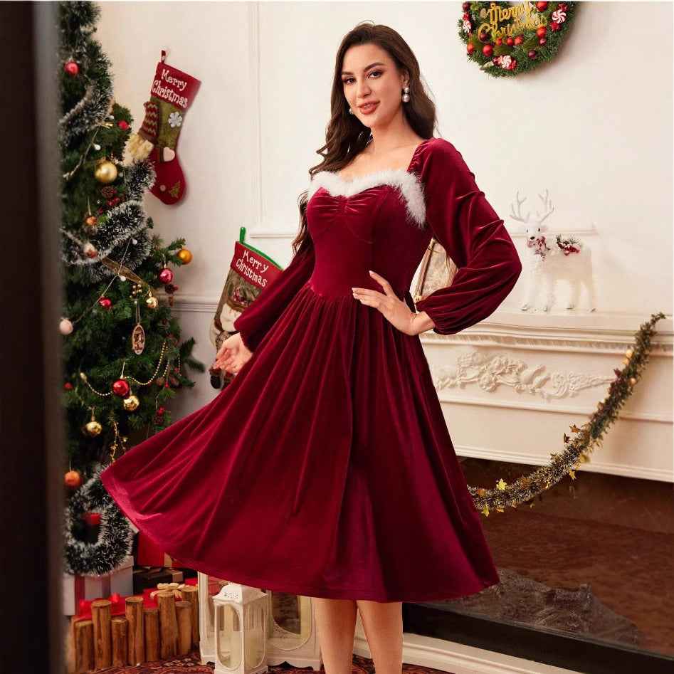 Women's Vintage Red Velvet Dress Long Sleeve Square Collar Elegant Slimming Waist Autumn Party Dress - Hafsa Luxury