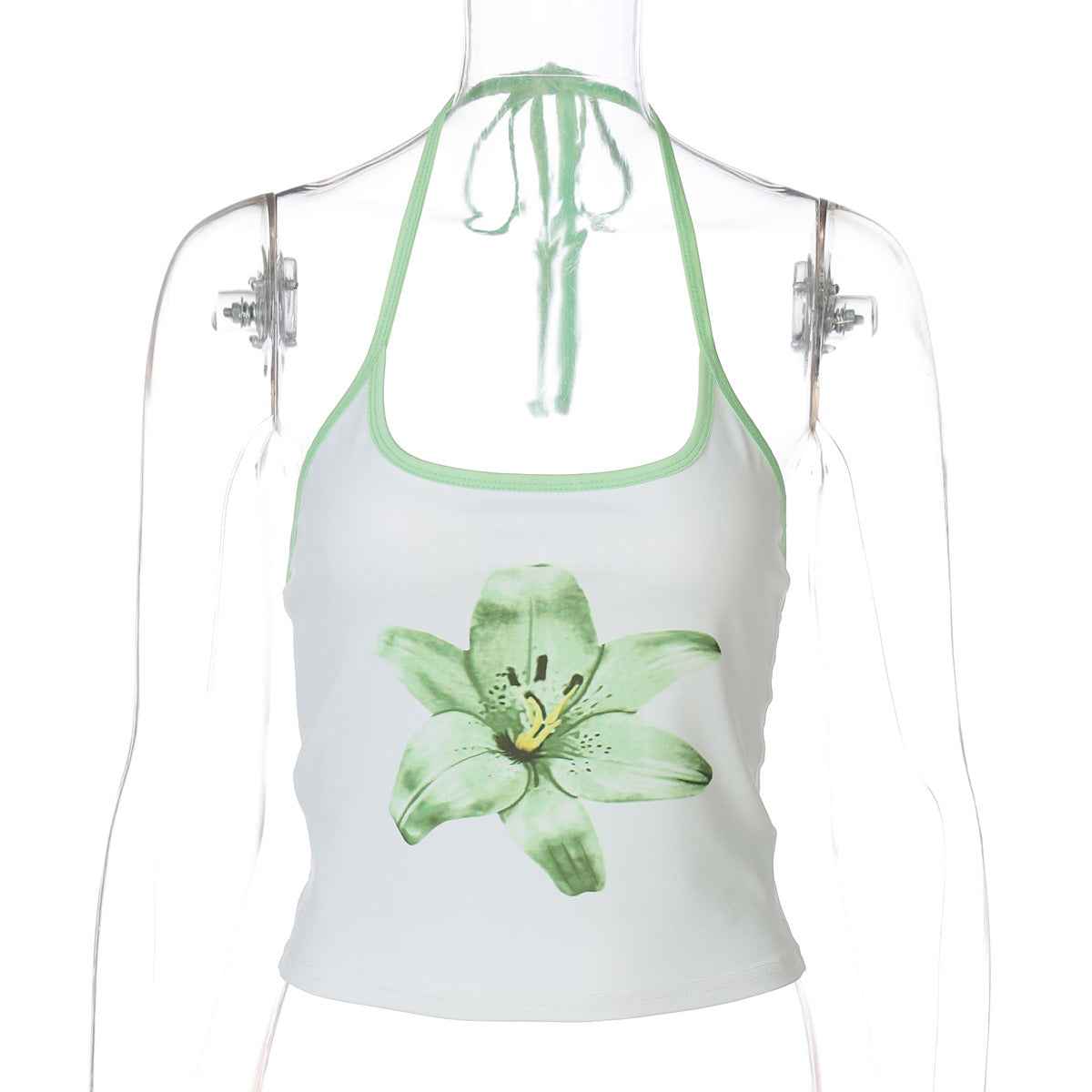 Printed Halterneck Cropped Tank Top with Lace-Up Detail - Hafsa Luxury