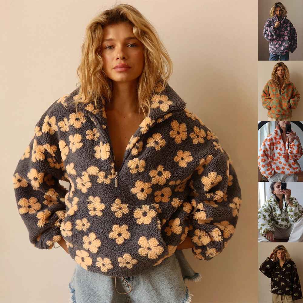 Winter Flowers Sweatshirt - Women's Casual Loose Zip-up Pullover Top with Big Pocket - Hafsa Luxury