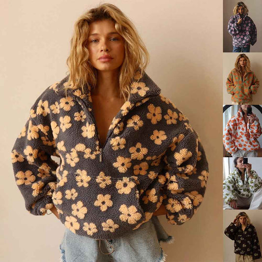 Winter Flowers Sweatshirt - Women's Casual Loose Zip-up Pullover Top with Big Pocket - Hafsa Luxury