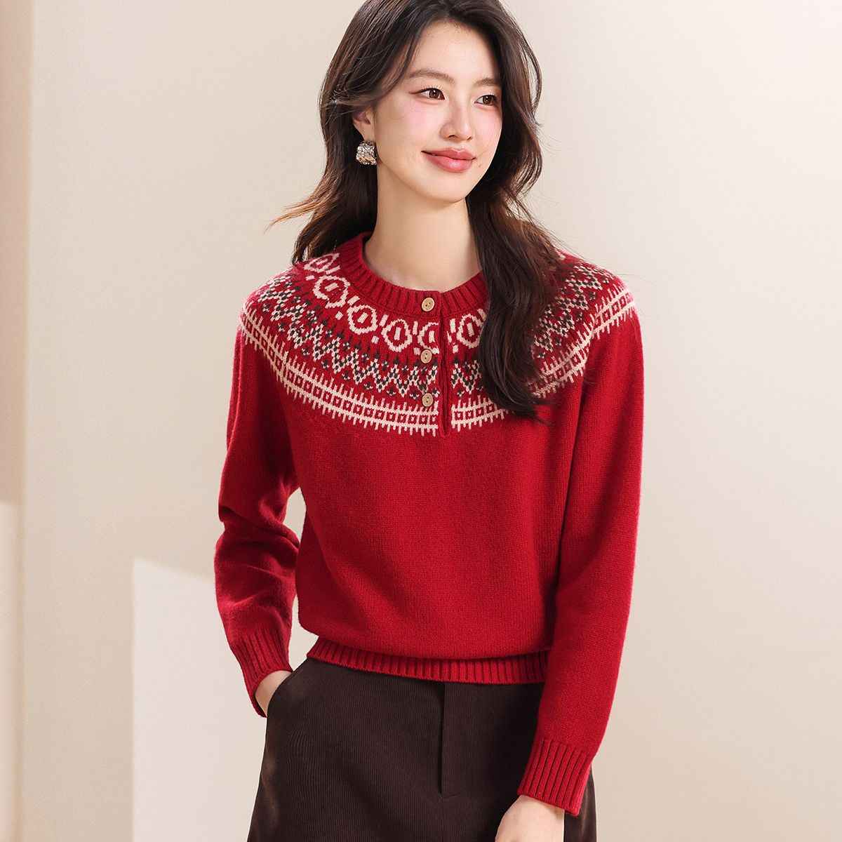 Womens Retro Fair Isle Knit Sweater With Buttons And A Crew Neck - Hafsa Luxury