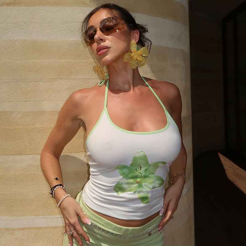 Printed Halterneck Cropped Tank Top with Lace-Up Detail - Hafsa Luxury