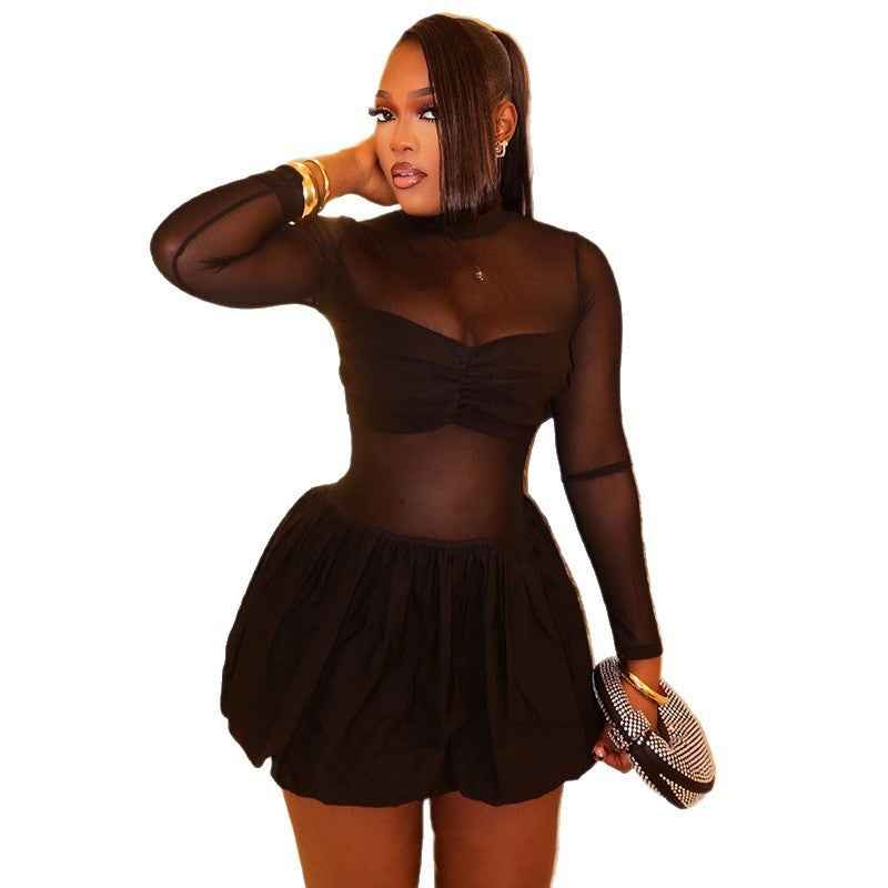 Solid Color Stand Collar Long Sleeve Short Dress - Hafsa Luxury