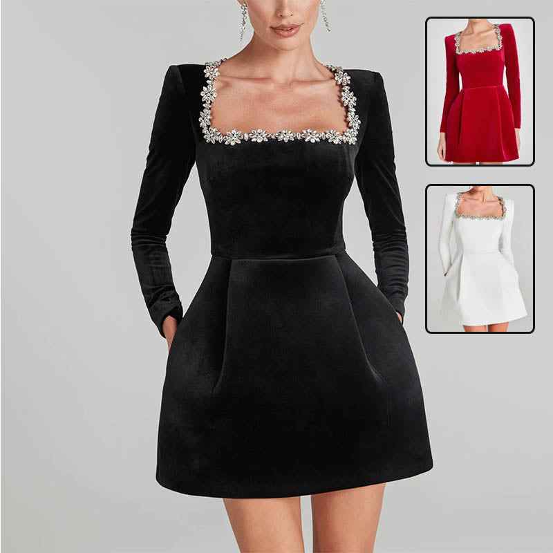 Christmas Elegant Square Neck Long-sleeved Dress With Flowers Rhinestone Design Fashion A-line Short Dresses Spring Clothing For Women - Hafsa Luxury