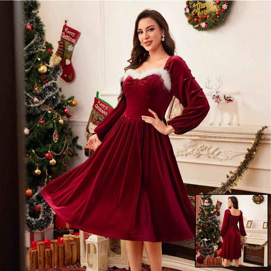 Women's Vintage Red Velvet Dress Long Sleeve Square Collar Elegant Slimming Waist Autumn Party Dress - Hafsa Luxury