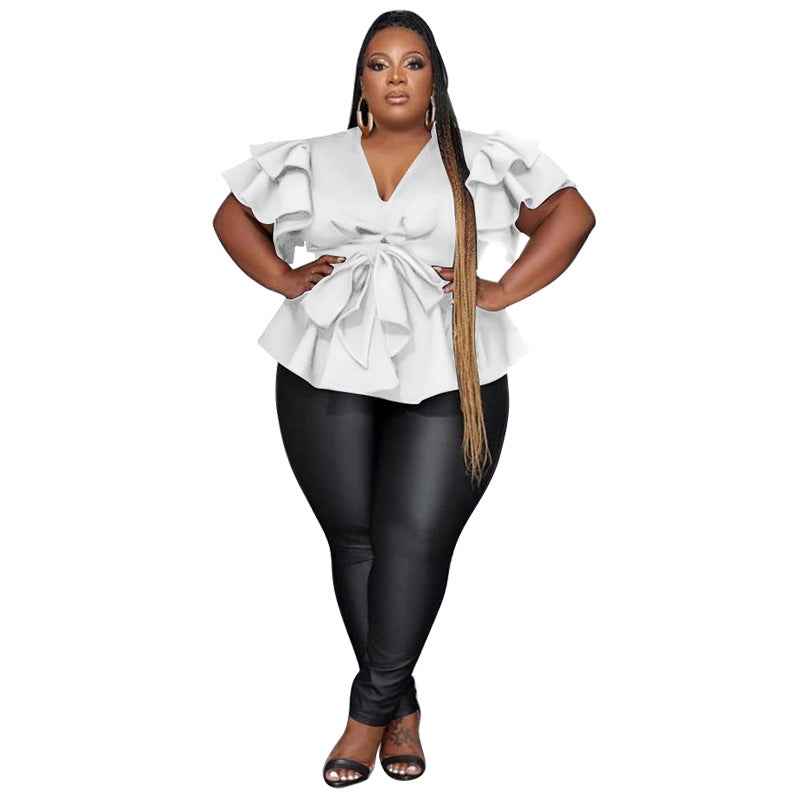 Women's V-Neck Ruffle Blouse - Casual All-Match Pleated Top with Ruffle Sleeves - Hafsa Luxury