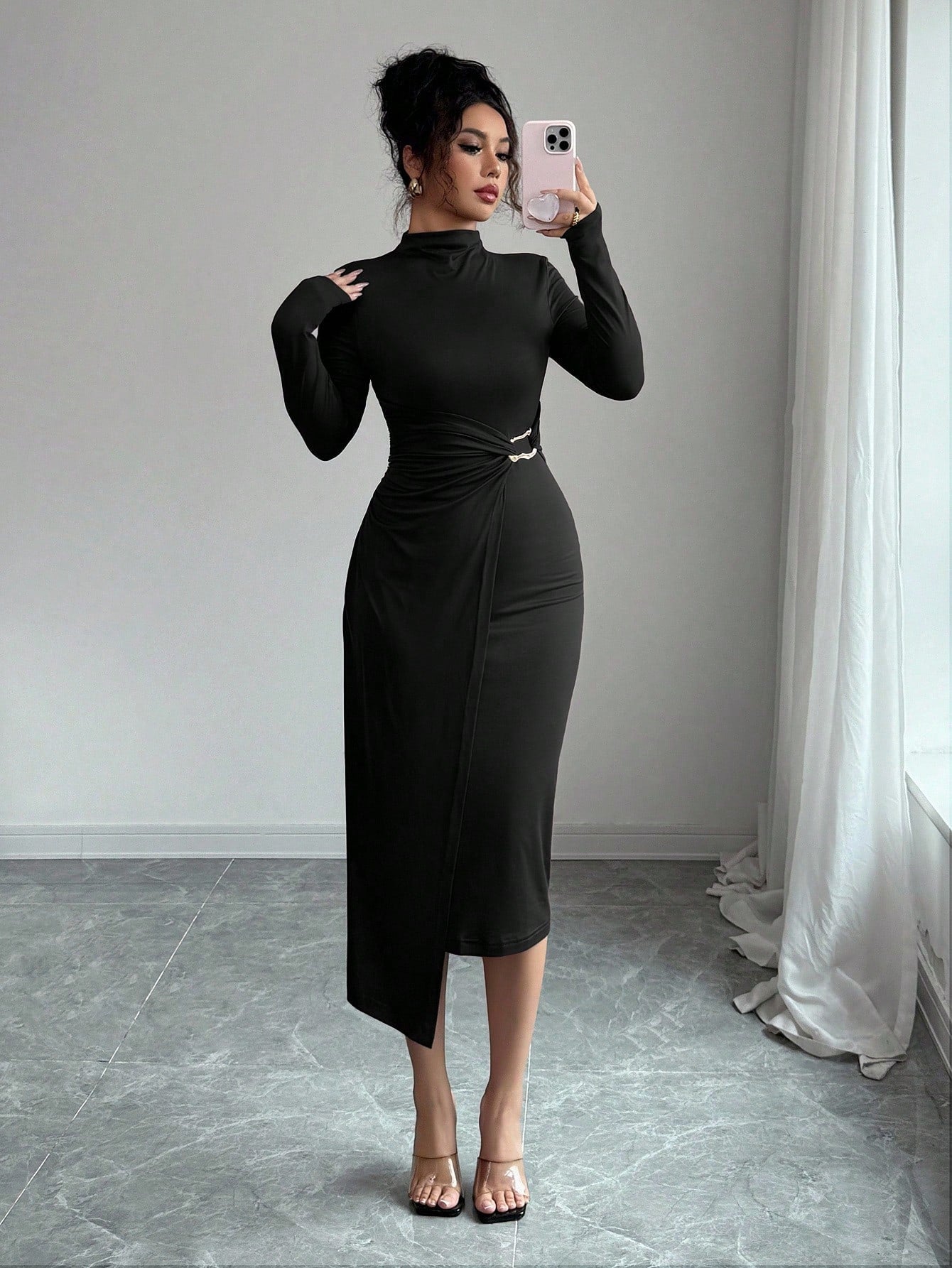 Small Stand-up Collar Knit Dress with Metal Buttons for Effortless Style - Hafsa Luxury