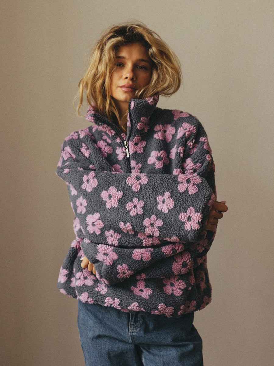 Winter Flowers Sweatshirt - Women's Casual Loose Zip-up Pullover Top with Big Pocket - Hafsa Luxury