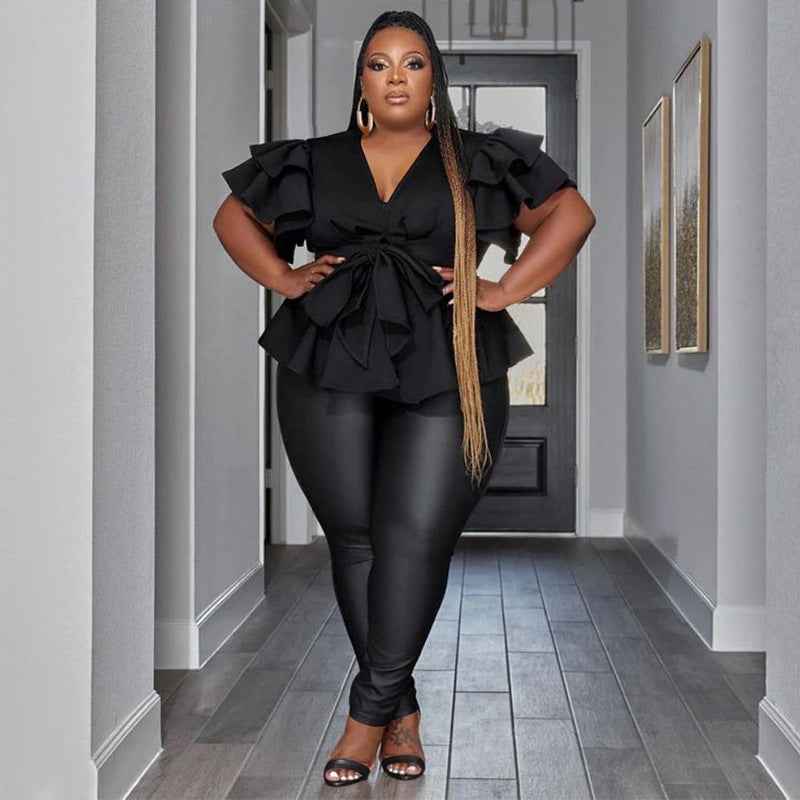 Women's V-Neck Ruffle Blouse - Casual All-Match Pleated Top with Ruffle Sleeves - Hafsa Luxury