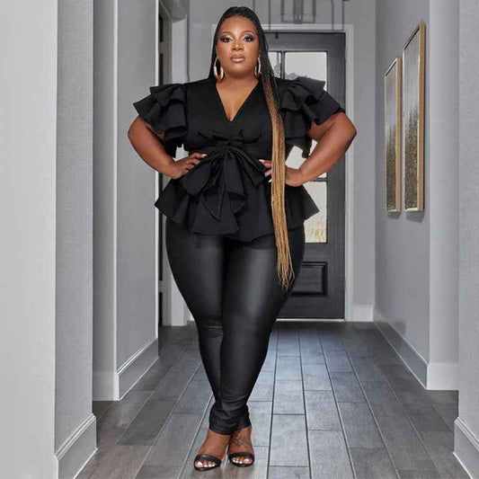 Women's V-Neck Ruffle Blouse - Casual All-Match Pleated Top with Ruffle Sleeves - Hafsa Luxury