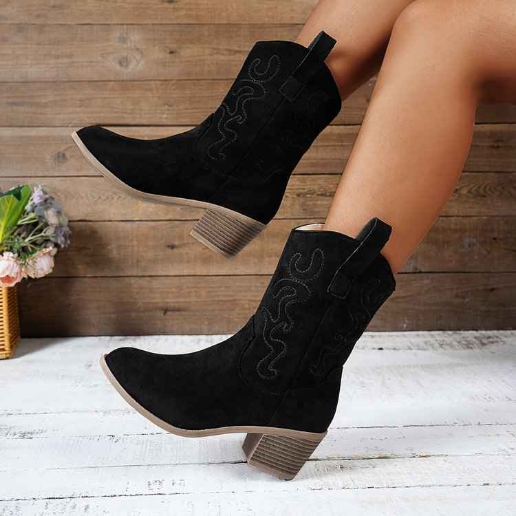 Pointed Toe Western Ankle Boots for Women - Retro Embroidered Chunky Square-Heeled Mid-Calf Fashion Boot - Hafsa Luxury