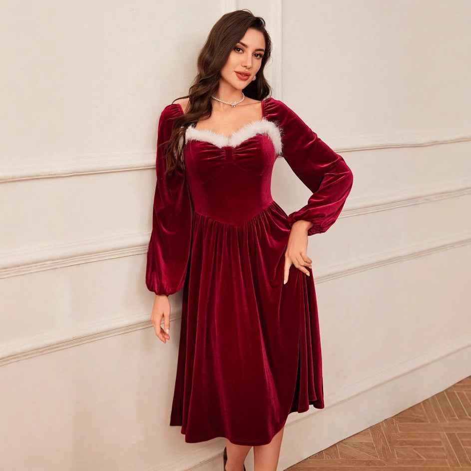Women's Vintage Red Velvet Dress Long Sleeve Square Collar Elegant Slimming Waist Autumn Party Dress - Hafsa Luxury