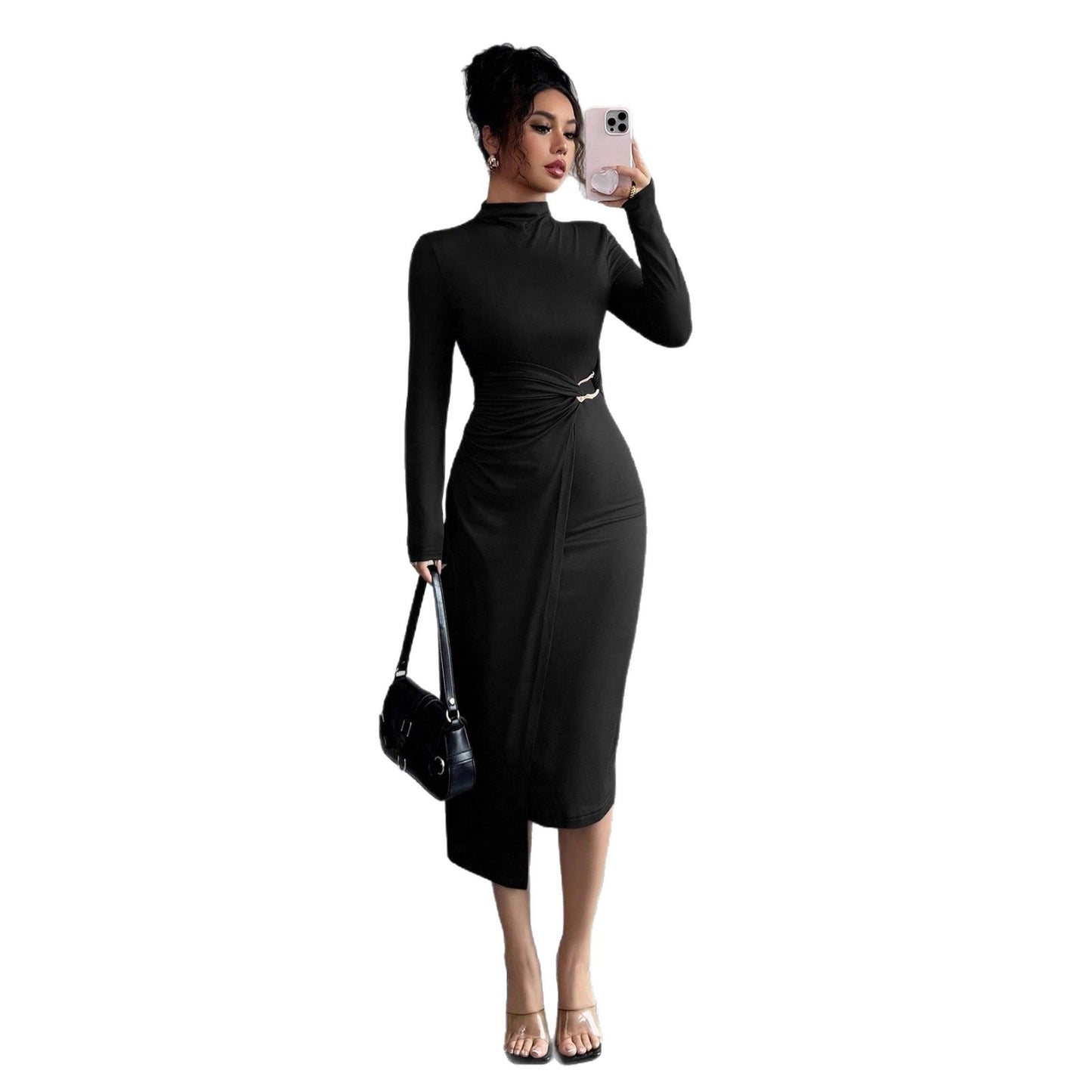 Small Stand-up Collar Knit Dress with Metal Buttons for Effortless Style - Hafsa Luxury