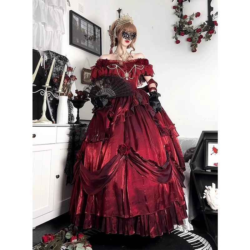 Christmas Lolita Dress Pigeon Blood Red Flower Wedding Battle Robe - Hafsa Luxury