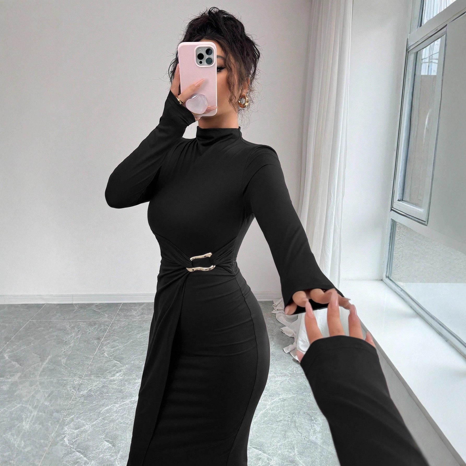 Small Stand-up Collar Knit Dress with Metal Buttons for Effortless Style - Hafsa Luxury