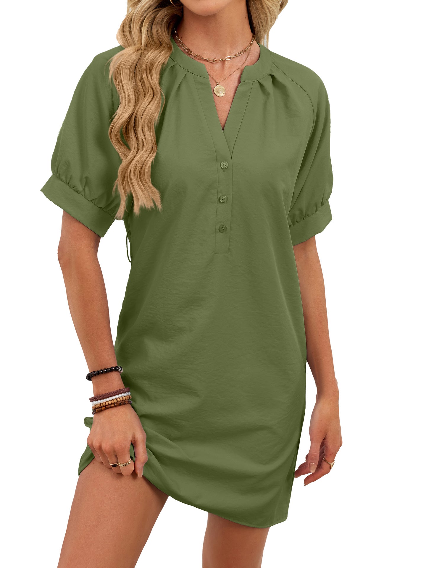 Women's Casual Lace-Up Dress - Solid-Color V-Neck Design - Hafsa Luxury