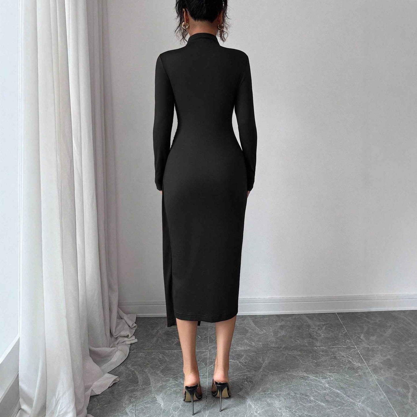 Small Stand-up Collar Knit Dress with Metal Buttons for Effortless Style - Hafsa Luxury