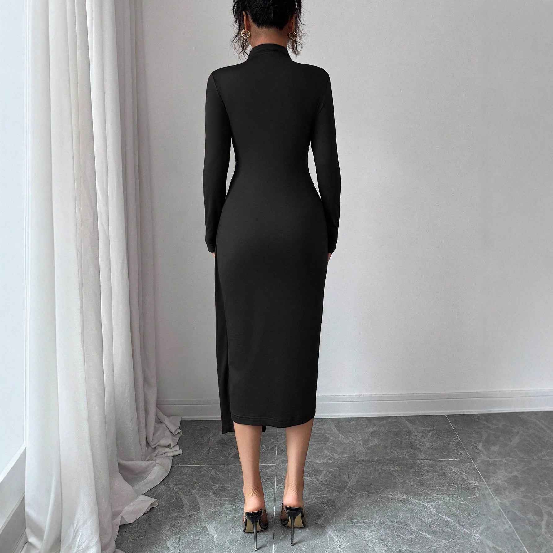 Small Stand-up Collar Knit Dress with Metal Buttons for Effortless Style - Hafsa Luxury