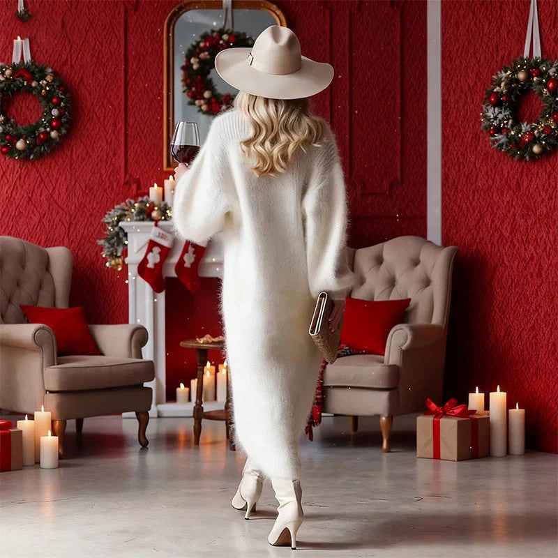 Chic V-Neck Maxi Dress with Buttons Design - Winter Fleece Evening Party Club Fashion for Women - Hafsa Luxury