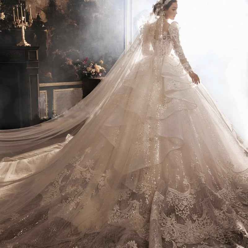 Heavy Industry European-style Royal Court Princess Dress with Large Tail for Women - Hafsa Luxury