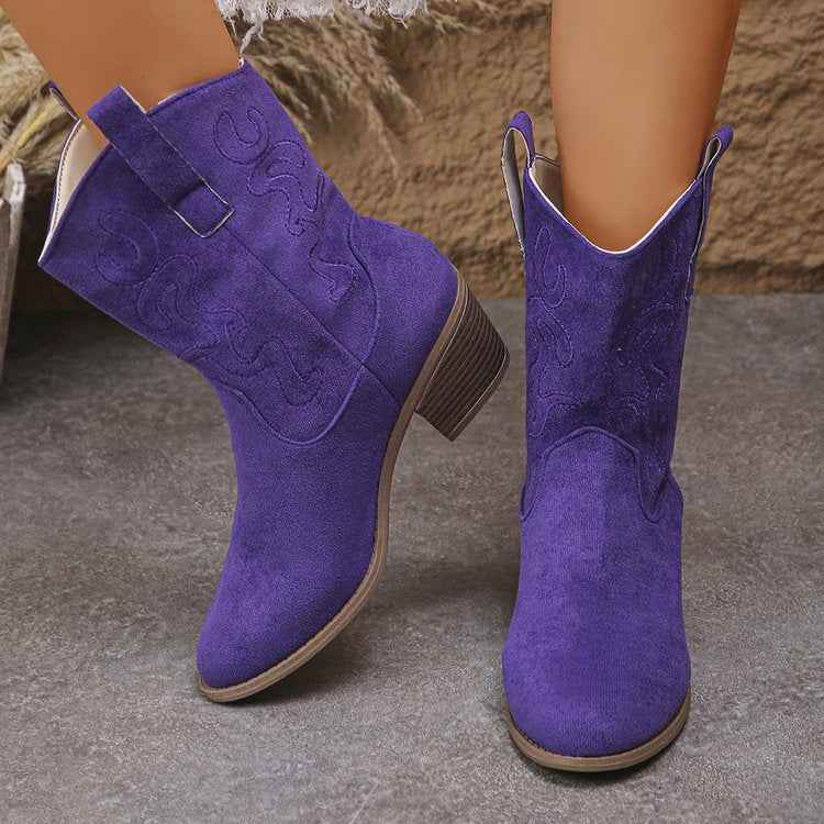 Pointed Toe Western Ankle Boots for Women - Retro Embroidered Chunky Square-Heeled Mid-Calf Fashion Boot - Hafsa Luxury