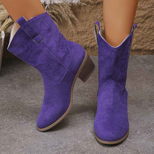 Pointed Toe Western Ankle Boots for Women - Retro Embroidered Chunky Square-Heeled Mid-Calf Fashion Boot - Hafsa Luxury