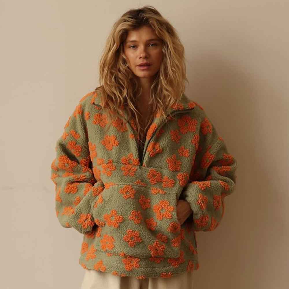 Winter Flowers Sweatshirt - Women's Casual Loose Zip-up Pullover Top with Big Pocket - Hafsa Luxury