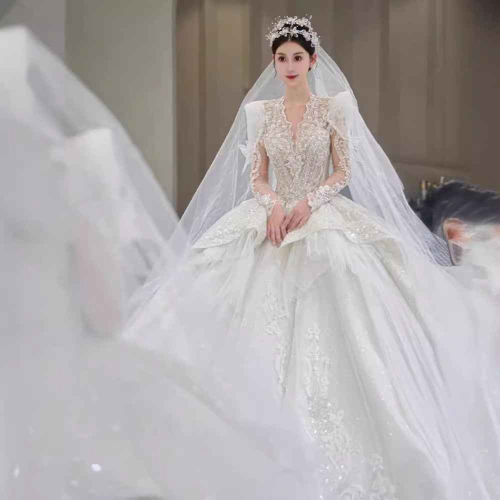 Bride Yarn Long Sleeve Dress for Heavy Industry Trailing French Retro Style - Hafsa Luxury