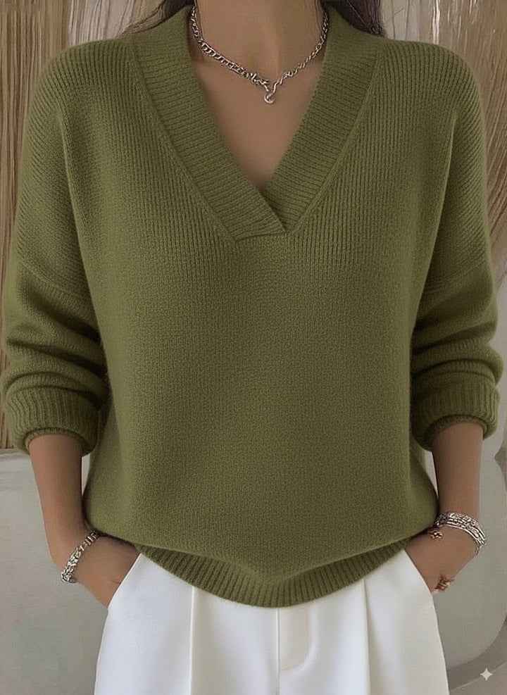 Elegant Women's V-neck Knitted Sweater - Soft Long Sleeve Casual Fashion for Autumn and Winter - Hafsa Luxury